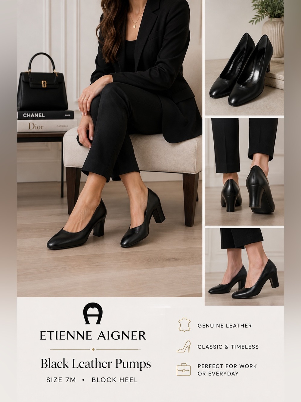 Etienne Aigner Black Leather Pumps Size 7M Classic Block Heel Career Shoes